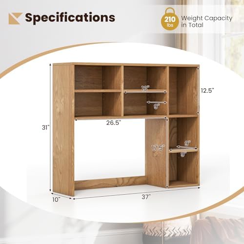 Giantex Desktop Bookshelf, Desk Hutch Dorm w/ 7 Cubes & 3 Adjustable Shelves, Desk Shelf for Up to 27" Computer Monitors, Wooden Desktop Storage Organizer for Dorm College Office Homem, Natural
