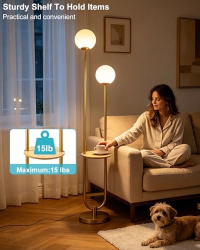Lightdot 2 Globe Gold Floor Lamp with Table Mid Century Standing Lamps with 3000K LED Bulbs Unique U-Pole Vintage Tall Floor Lamp with 5Lbs Heavy Base for Living Room/Bedroom/Wedding/Party/Home Decor