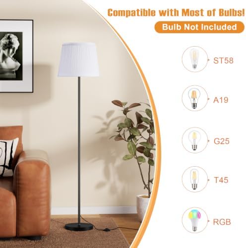 Ambimall 60'' Modern Floor Lamp with Shade, Tall Lamps for Living Room, Bedroom, Office, Dining Room, Pleated Fabric White Lampshade(Without Bulb)