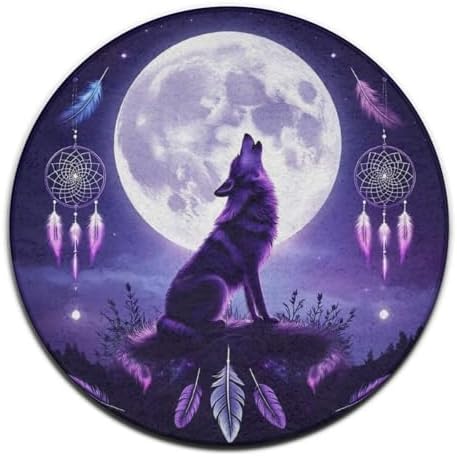 Soft Round Yoga Carpet, Large Home Decor Mat, Non Slip Machine Washable Kitchen Office Circle Rug Native Dream Catcher American Wolves