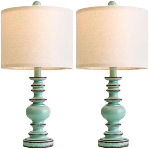 BOBOMOMO 20" Distressed Teal Bedside Lamps Set of 2, Hand-Painted Vintage Resin Lamps with Linen Shades, Cottage Farmhouse Lamp for Living Room, Bedroom, and Hallway, Space-Saving Accent Lamps