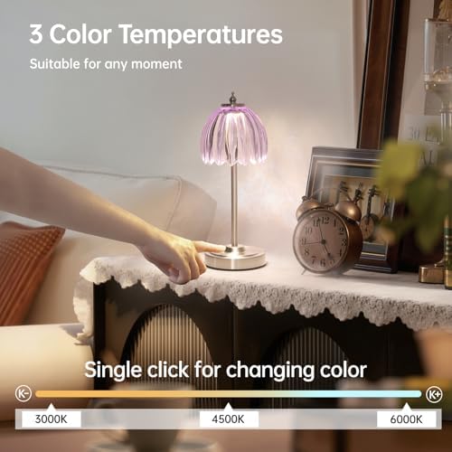 Shenmoyl Tulip Table Lamp with 5200mAh Battery & Touch Control, Cordless Small Table Lamp with 3 Colors, Dimmable Rechargeable Table Lamps for Living Room, Bedroom, Desk, Bedside (Clear Purple Tulip)