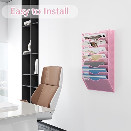 EasyPAG 8 Pocket Mesh Wall File Organizer, Hanging Paper Folder Holder with Classify Label, Vertical Wall Mount Mail Organizer for Office Home Classroom, Pink