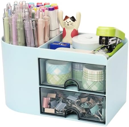 Meiikun Desk Organizer with Drawer, Pen Organizer for Desk, Small Pencil Holder, Desk Organizers and Accessories for Office Home Storage (2 Drawers+4 Compartments, Blue)