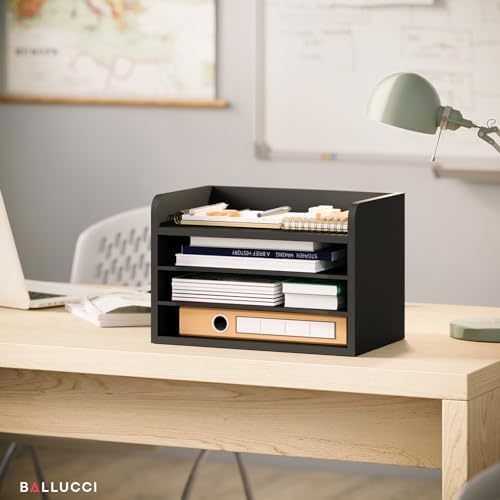 Ballucci File Organizer, 4-Tier Office Desk Organizer, Open Top Wood Paper Organizer for Classroom, Mail Sorter Paper Tray with Adjustable Storage Shelves, Black