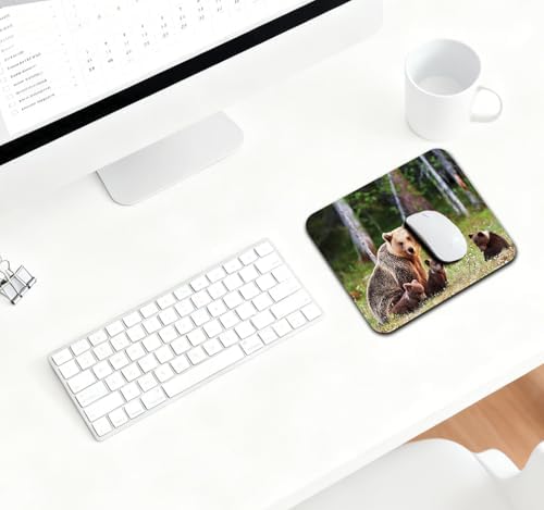 9.5x7.9 Inch Office/Gaming Mouse Pad, Adorable Brown Bear Cubs in Forest Wildlife Family in Wildflower Meadow, Cute Anti-Slip Mat for Desk Decor