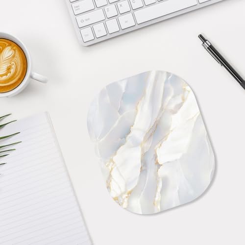 Small Mouse Pad, 6 x 7 Inch, Oval Mini Mouse Pad with Non-Slip Rubber Base for Laptop Wireless Mouse Keyboard Tray Mousepad, White Marble