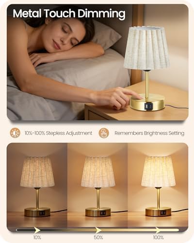 Small Bedside Table Lamps Set of 2, Touch Dimmable Table Lamps with USB Ports, Nightstand Lamps with 2 Stepless Dimming LED Bulbs, E26 Base, for Bedroom, Study, Gold and Beige DE16TLP205