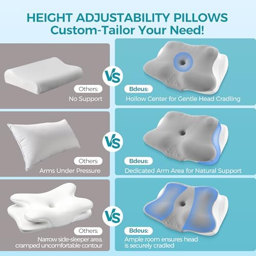 BDEUS Sleep Apnea Pillow, Cervical Neck Pillow for Pain Relief, Ergonomic Side Sleeper Pillow for Adults, Orthopedic Contour Memory Foam Pillow for Neck Support, Anti Snore, Cooling, Grey