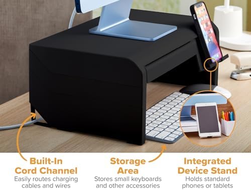 Bostitch Konnect Adjustable Monitor Riser with Drawer & Cell Phone Holder, Laptop Stand for Desk, 4 Height Levels, Cable Management & Rubber Feet