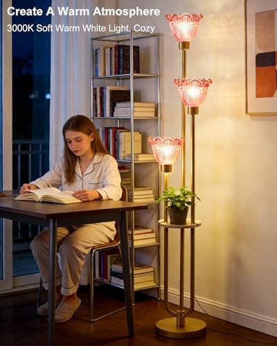 Lightdot Red Flower Glass Floor Lamp with Table Gold Floor Lamp 3-Light