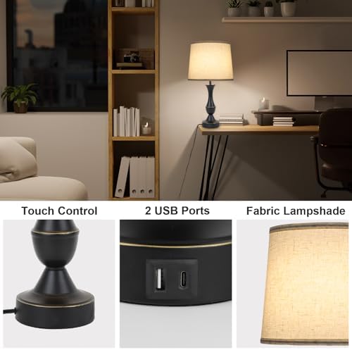 LALISU Touch Table Lamps Set of 2, Farmhouse Table Lamp with USB Charge