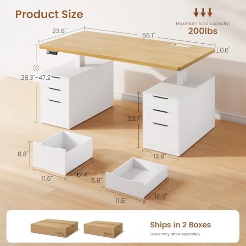 SEDETA 55" Electric Standing Desk with 6 Drawers, Adjustable Stand up Desk with Storage, Computer Desks with Power Outlets for Home Office, White + Oak