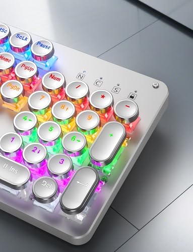 Typewriter Mechanical Gaming Keyboard and Mouse, Metal Panel Retro Keyboards with Round Keycap Blue Switch, Rainbow LED Backlit 104-Key Anti-Ghost Wired Mouse and Pad Combo for PC Laptop Mac Gamer