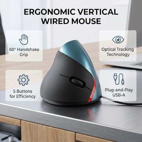 Zunate Ergonomic Vertical Mouse, 5 Buttons Wired Optical USB Computer Mouse with 60 Degree Design for PC Laptop Office Gaming Work