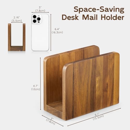 Acacia Wood Mail Organizer, Mail Holder for Desk, Letter Holder for Countertop, Small Envelope Holder, Desk Organizers and Accessories for Home Office