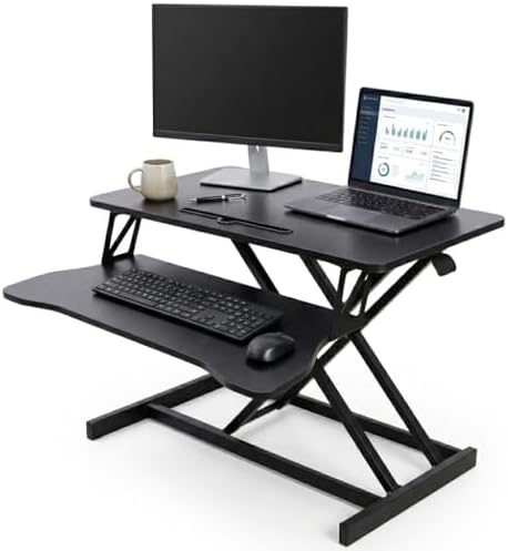 32 Inch Desk Converter, Height Adjustable Stand Up Dual Monitor and Laptop Workstation, Desk Riser for Standing with Wide Keyboard Tray, Standing Desk Topper with Spring Loaded Lift (Black)