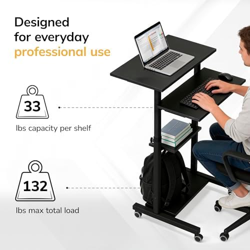 Mount-It! Black Rolling Standing Desk, Adjustable Height up to 54.7", Portable Laptop Podium Desk on Wheels, Mobile Computer Workstation with 4 Shelves 27.5" Wide, Cart for Home Office or Classroom