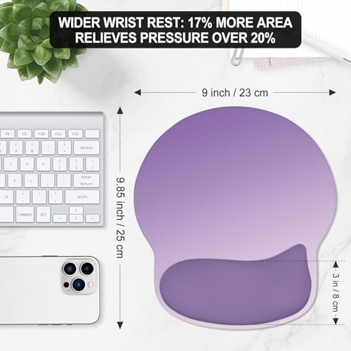 ITNRSIIET Ergonomic Mouse Pad with Wider Memory Foam Wrist Rest +17% - Curved Cushion Reduces Pressure 20%, Pain Relief, Non-Slip, Smooth, Cute Colors, 9.85 x 9 in, Lavender Fade