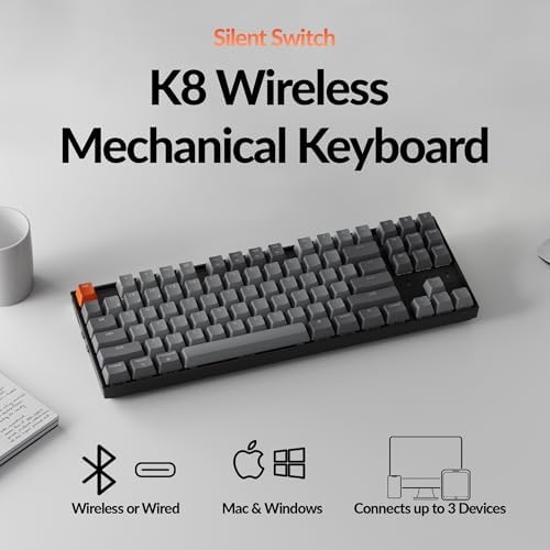 Keychron K8 Wireless Mechanical Keyboard – Silent Red Switch for Quiet Office and Gaming, TKL 87 Keys, Soft White LED Backlight, Bluetooth & USB-C Wired Connectivity, Compatible with Mac and Windows