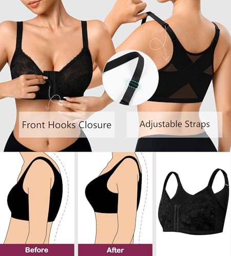 Front Closure Posture Corrector Wireless Bra Back Support Comfy Unlined Bras Full Coverage Bra with Nipple Covers