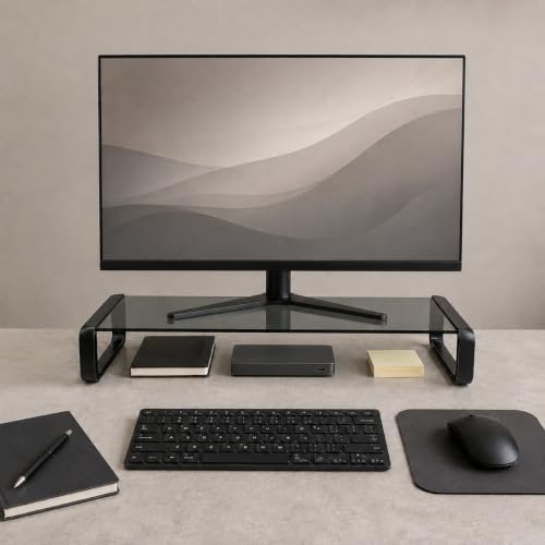Monitor Stand Riser Smoke Gray Glass Top, Keyboard Storage