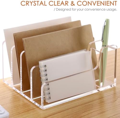 SANRUI Acrylic Mail Organizer with Pen Holder, Clear Mail Sorter, 4-Slot