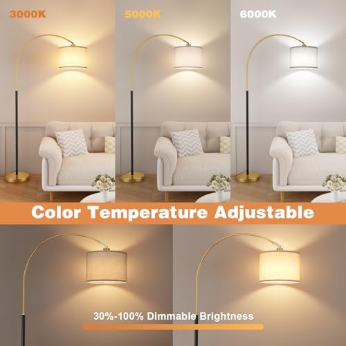 Ambimall Dimmable Arc Floor Lamp with Remote, Color Temperatures and Brightness Adjustable, Arched Floor Lamp with Rotating Head, Over Couch Arched Reading Light for Living Room (Black and Gold)
