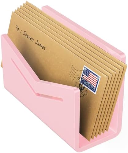 Beego Envelope and Mail Organizer Countertop - Pink Acrylic Desk Organizer Letter Holder Desktop File Sorter Bill Document Folder Rack for Office, Home, School Desk Organization