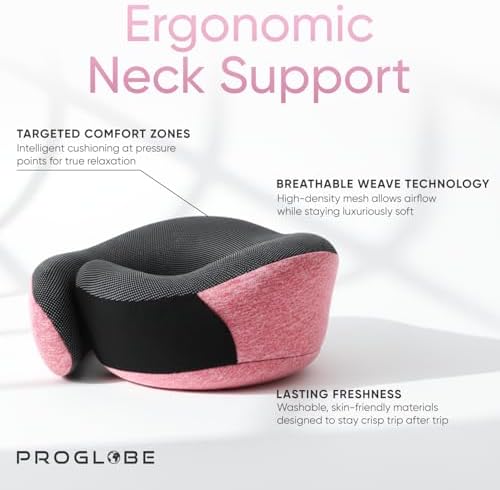 Proglobe Travel Pillow, 100% Pure Memory Foam Airplane Neck Pillow, Pink