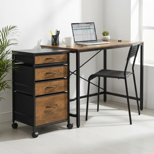 Chunful 4 Drawer Rolling File Cabinet Mobile Printer Stand Metal Cart with Fabric Vertical Filing Chest Wheels A4 Letter Size Under Desk Utility Craft Storage Organizer for Home Office School(Brown)