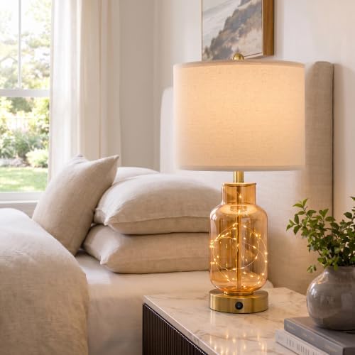Oneach 22" Glass Table Lamps Set of 2 with Night Light for Bedroom, Amber