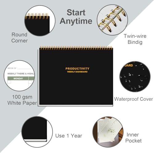 Weekly Productivity Dashboard - 8.5" x 11" Dashboard Desk Notepad Has 6 Focus Areas to List Tasks for Goals, Projects, Clients, Academic or Meal-Organize Your Daily Work Efficiently, 54 Weeks, Black