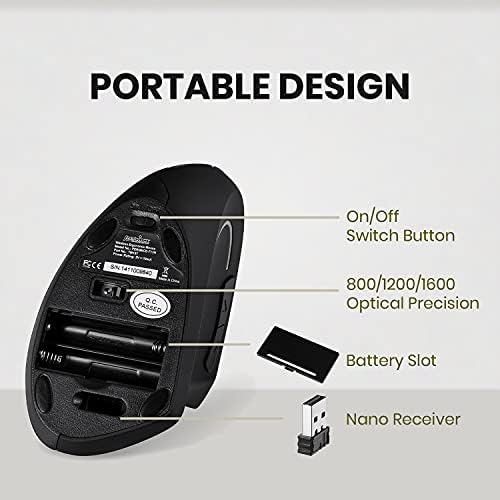 Perixx PERIMICE-713 Wireless Vertical Mouse - 6 Buttons Design - 3 Level DPI - Black - Right-Handed Design