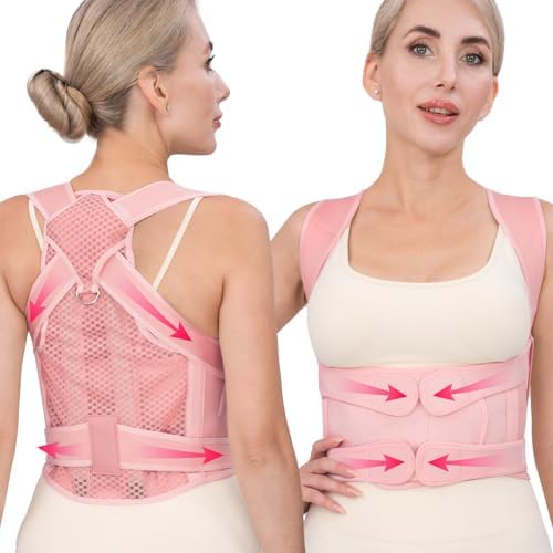 Back Brace Posture Corrector for Women & Men, Adjustable Full Back Support, Shoulder Straightener for Upper & Lower Back Pain Relief-Scoliosis, Hunchback, Waist Trainer (Medium, Pink)