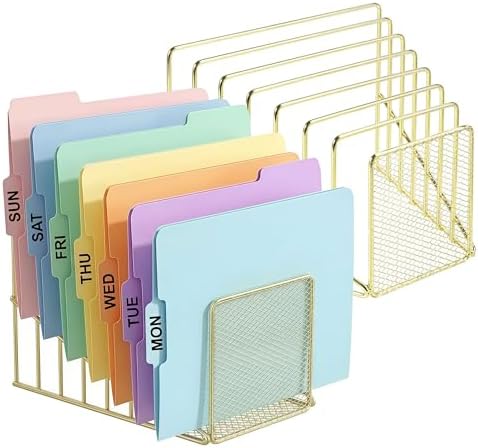 2 pcs Incline File Sorter, 7 Slot Magazine Holder for Letter, Document, Folder and Book, Metal Desktop Organizer Rack for Home, School and Office (2-gold)