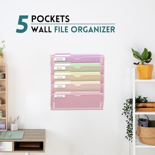 SUPEASY 5 Tier Wall File Organizer, Hanging Wall Mounted Mail Organizer with Label Slots, Metal Mesh File Holder Magazine Rack for Office, Home, School, Pink