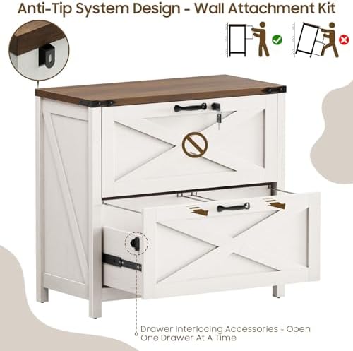 Halitaa Farmhouse Lateral File Cabinet with 2 Drawers, White and Brown