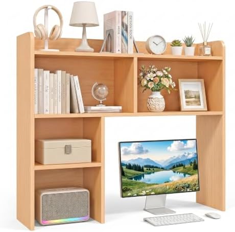 SUPER DEAL Desktop Bookshelf, Countertop Storage Hutch with 3 Shelves for Computer Desk, 2-Tier Display Rack, Multipurpose Wood Desk Hutch Storage Organizer for Home Office Dorm, Natural