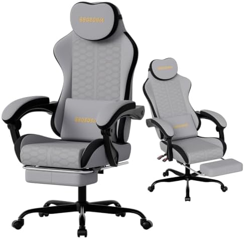 Honeycomb Embossed Gaming Chair with Footrest & Massage Lumbar Support, Adjustable Ergonomic Office Chair for Adults, 300 lbs (Grey Black)