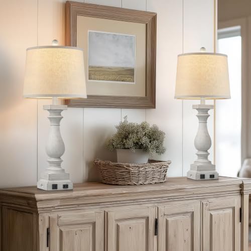 28" Tall Farmhouse Table Lamp with USB C+A Ports and AC Outlet, 3 Way Touch Control Rustic Bedside Lamp for Bedroom, White Vintage Nightstand Lamp for Living Room Office