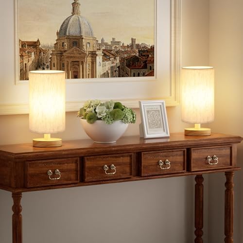 Fenmzee Small Lamps Set of 2 (Cream Shade - Wood Base, 9" Inline Control)