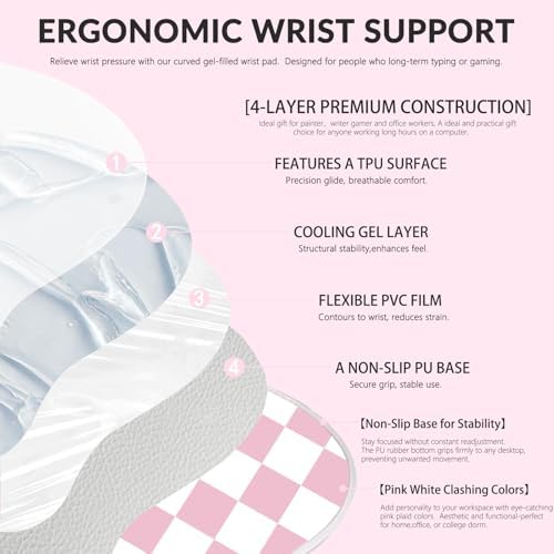 Gel Mouse Pad with Wrist Rest for Mouse Ergonomic Mouse Wrist Rest Non-Slip Silicone Checkered Mousepad with Wrist Support for Computer Desk Gaming Laptop Home Office Desk Accessories Pink Plaid
