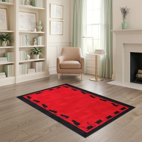 4'x6' Red Cat Crimson Artistic Washable Area Rug