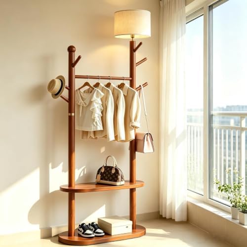 Wood Coat Rack Floor Lamp, Standing Lamp with Double Storage Shelves