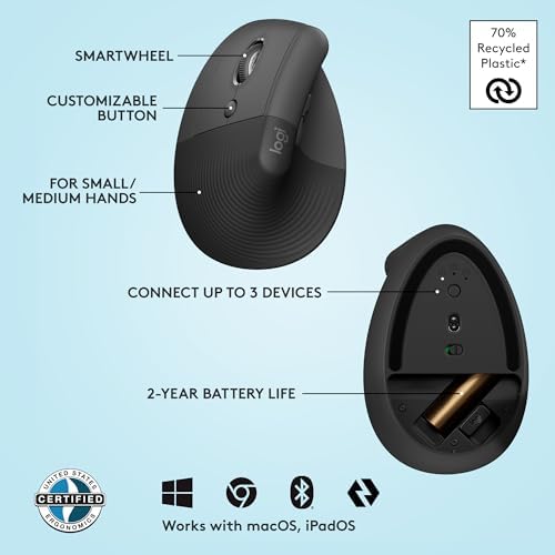 Logitech Lift Left Vertical Ergonomic Mouse, Left-Handed, Wireless, Bluetooth or Logi Bolt USB, Quiet clicks, 4 Buttons, Compatible with Windows/macOS/iPadOS, Laptop, PC - Graphite (Renewed)