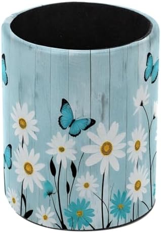 Daisy Floral Butterfly Rustic Plank Pen Holder Pencil Organizer Cute Pencil Cup Desk Decor Makeup Brush Holder PU Multifunctional Office Supplies for Home Classroom School