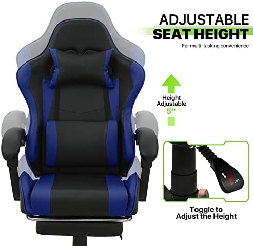 Magshion High-Back Gaming Chair with Footrest, Ergonomic Adjustable Recliner, 360° Swivel PU Leather Computer Chair with Headrest, Lumbar Support and Retractable Footrest for Home Office, Blue