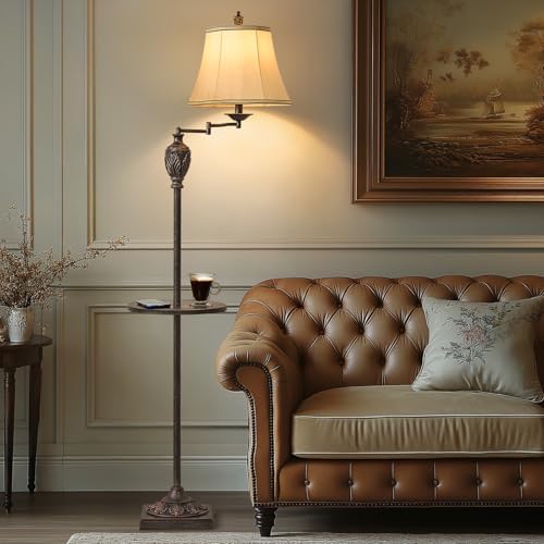 Traditional Floor Lamp withTray,Remote Dimmable,350°Swing Arm,Antique Black