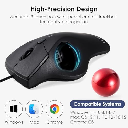 SANWA Wired Ergonomic Trackball Mouse, Optical Rollerball Mice, Programmable Silent Buttons, 40mm Trackball, 600/800/1200/1600 Adjustable DPI, Compatible with MacBook, Laptop, Windows, macOS